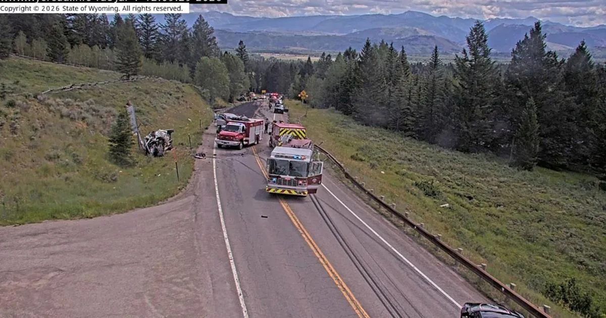 Emergency crews respond to a crash scene on a mountain highway with several damaged vehicles