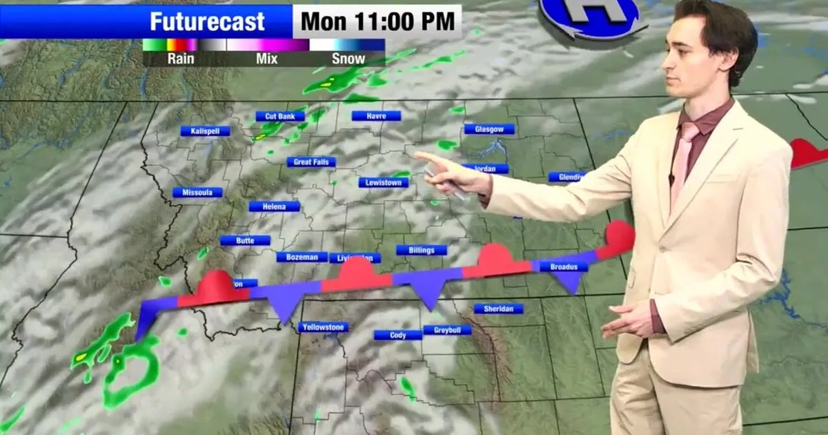 Heat advisory signs and storm clouds over a Montana landscape