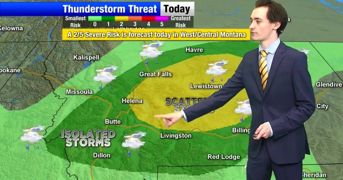 A weather map showing heat warnings and storm risks across Montana and northern Wyoming