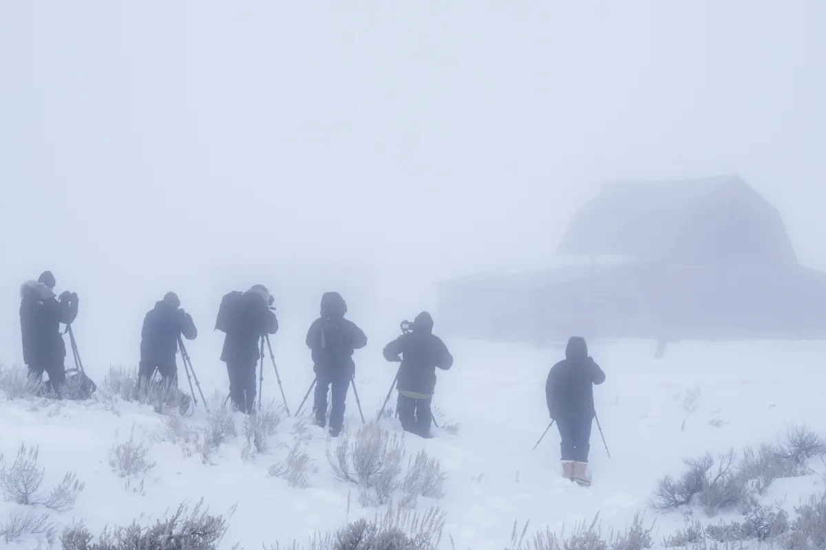Snow falls on a mountain road with low visibility and strong winds
