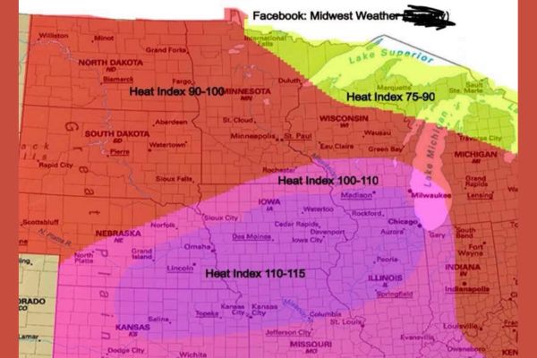 Dangerous Heat Index Values Reach 110 to 115 From Omaha to Des Moines, Chicago, and Rockford as Corrected Monday Forecast Spreads North