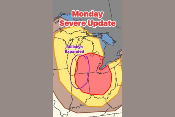 Monday Severe Storm Bullseye Expands Into Indiana and Michigan While Northwest Ohio and Southeast Michigan Remain in Highest Risk Zone