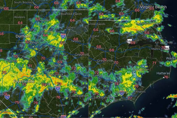 Scattered Storms With Heavy Rain and Lightning Track Across North Carolina From Durham to Wilmington Before Isolated Coverage Continues Into Evening