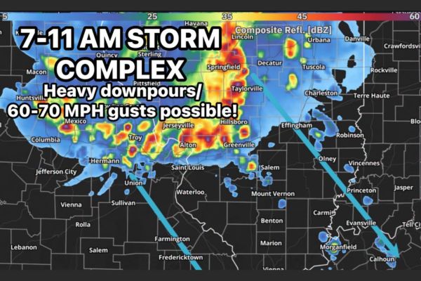 Strong Storm Complex With 60 to 70 MPH Gusts Could Dive Into Southern Illinois From Springfield to Effingham and Mount Vernon Sunday Morning