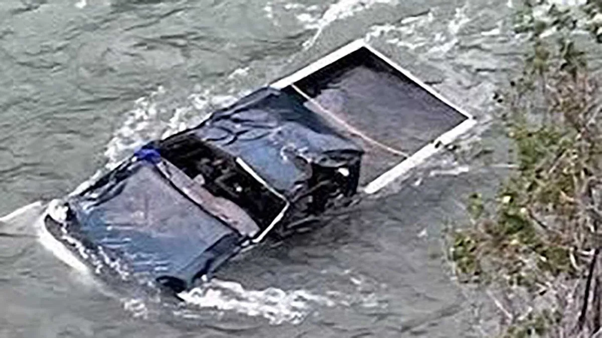 A pickup truck crash site near the Snake River Canyon after the vehicle went through a guardrail
