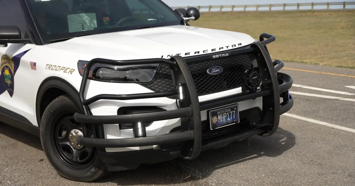 Montana Highway Patrol cruiser on a highway near Livingston, Montana