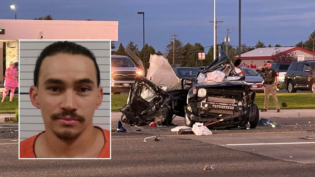 Damaged pickup and wrecked Jeep after a fatal crash on Federal Boulevard in Riverton