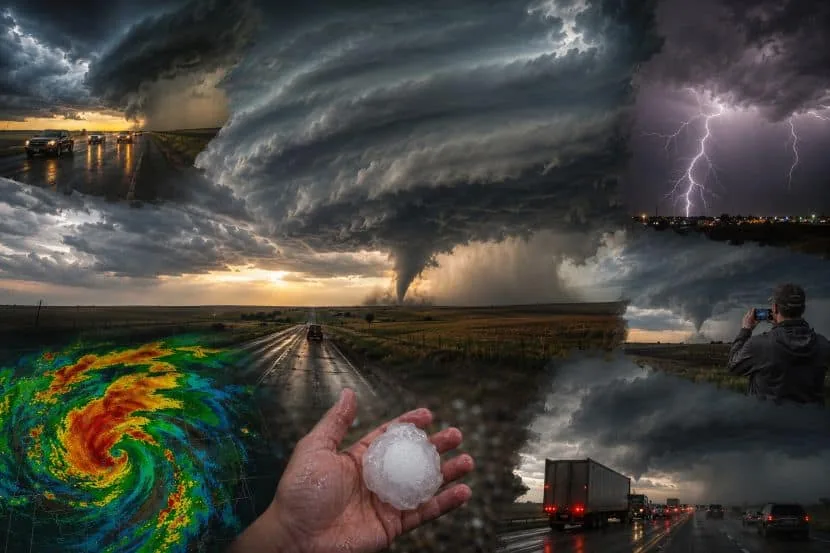 Dark thunderstorm clouds over a highway in the Northern Plains