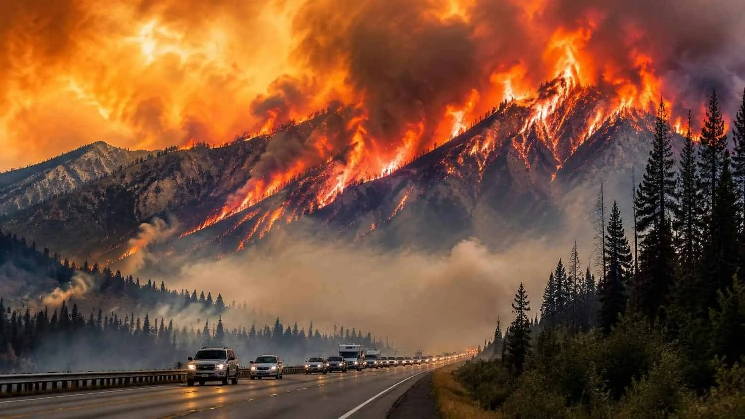 Hikers near a Rocky Mountain trail under hazy summer skies with wildfire smoke in the distance